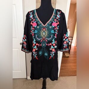 Black V-Neck Embroidered Tunic with Pink and Teal Floral Accents